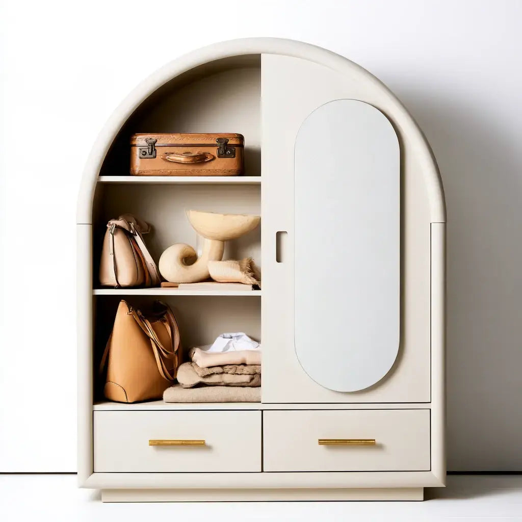 Armario con puerta ovalada y estantes abiertos - beige/blanco