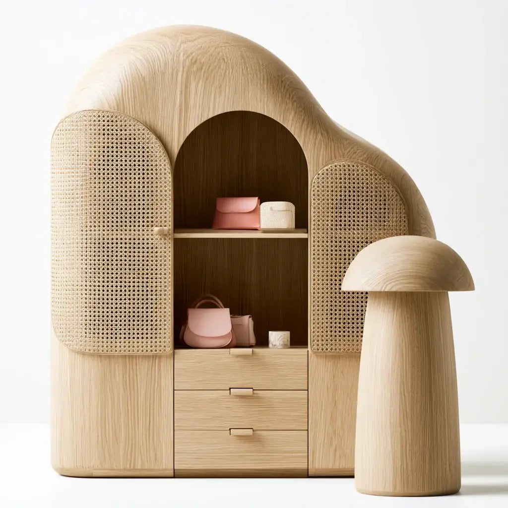 Aparador con contorno ondulado y nichos abiertos - beige